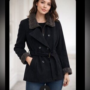 Braetan Black Pea Coat with Faux Fur Accents